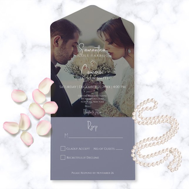 Modern Elegant Periwinkle Purple Photo No Dinner All In One Invitation (Creator Uploaded)