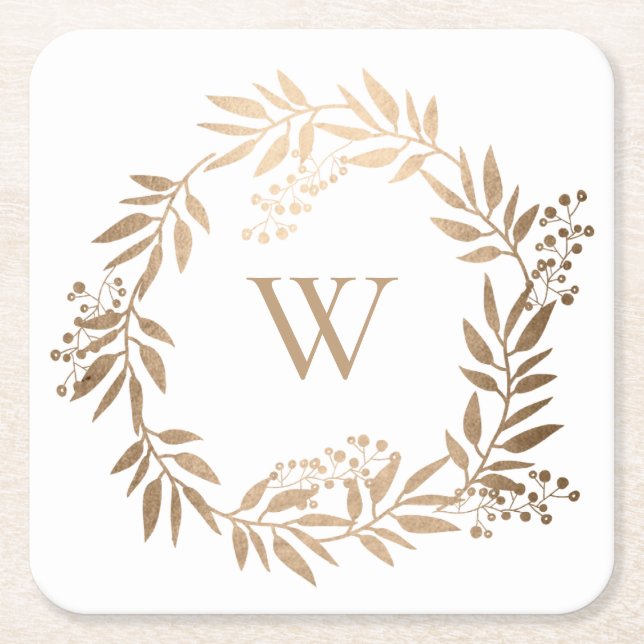 Modern Elegant Personalised Gold Monogram Square Paper Coaster (Front)