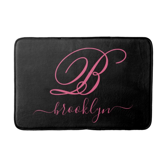 Modern Elegant Personalised Pink Name Monogrammed Bath Mat (Front)