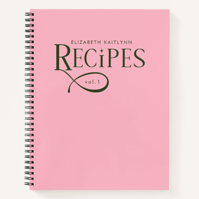 Modern Elegant Personalized Green and Pink Recipes Notebook (Front)