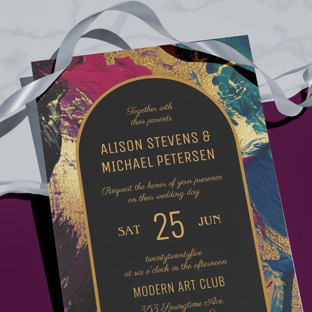 Modern elegant photo black gold arch wedding invitation (Creator Uploaded)