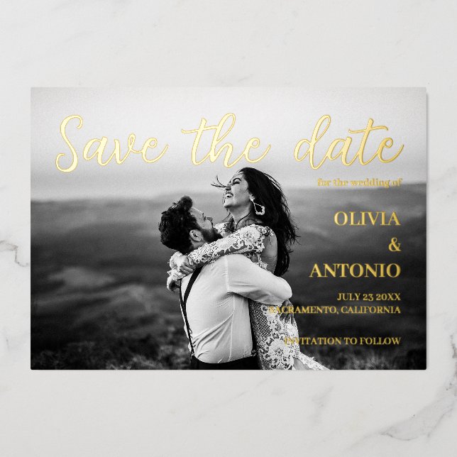 Modern Elegant Photo Black /White Save The Date  (Front)