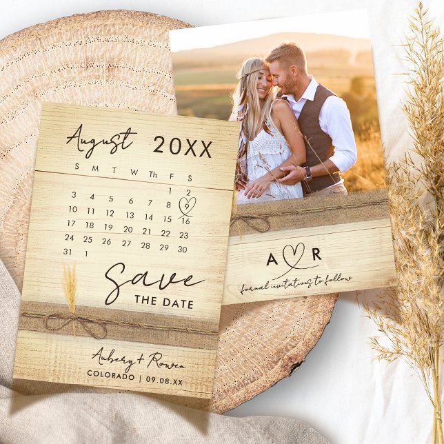 Modern Elegant Photo Calendar Rustic Wood Wedding Save The Date (Creator Uploaded)