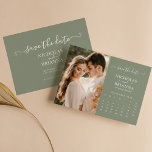 Modern Elegant Photo Calendar Sage Green Wedding Save The Date<br><div class="desc">Modern Elegant Photo Calendar Sage Green Wedding Save the Date. Easily personalise by replacing each info. Please upload a portrait/vertical photo. Move the circle by clicking the link Customise further. Make sure to check the preview before adding to cart. (Sample Photo by Jonathan Borba from Pexels)</div>