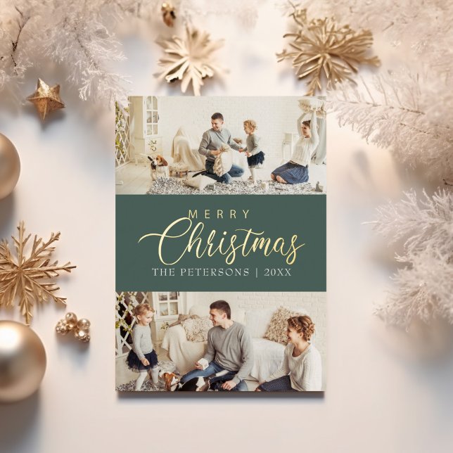 Modern Elegant Photo Collage Christmas Greeting (Modern Elegant Photo Collage Christmas Greeting Foil Holiday Card on a table with golden decor.)