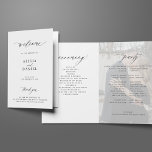 Modern elegant photo folded wedding programme<br><div class="desc">Modern simple minimalist typography trendy black and white folded photo ceremony and party wedding program template featuring a chic trendy calligraphy script overlay.              Easy to personalise with one or two custom photos and text on the front,  inside left and right,  and on the backside!</div>