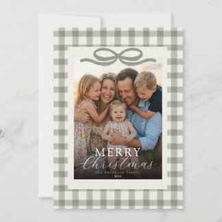 Modern Elegant Photo Merry Christmas Gingham Bow Holiday Card