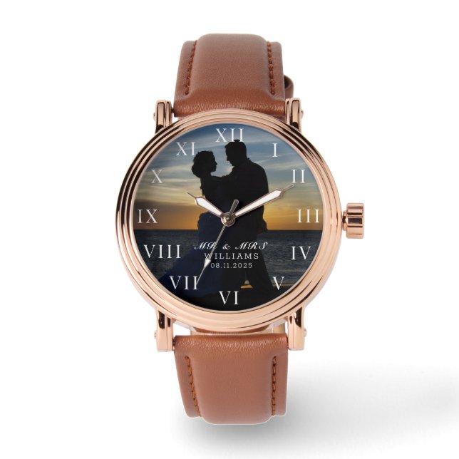 Modern Elegant Photo Newly Wed Wedding Watch (Front)