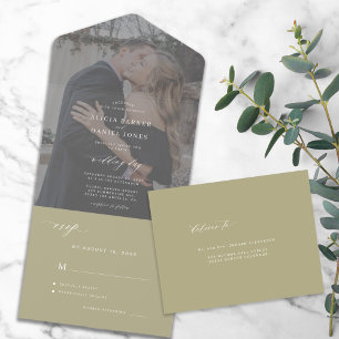 Modern elegant photo sage green wedding RSVP All In One Invitation