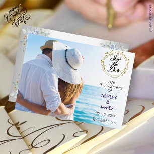 Modern Elegant Photo Save the Date Gold Floral Invitation