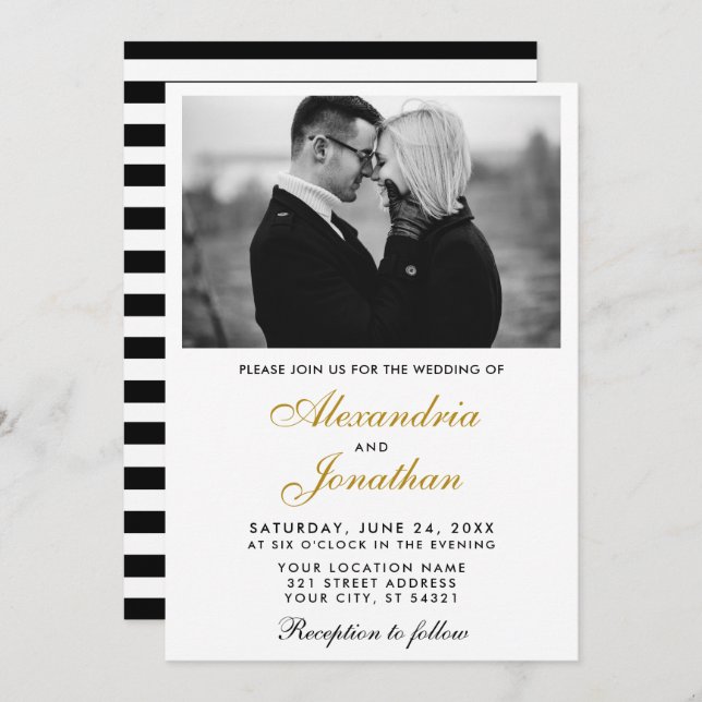 Modern Elegant Photo Striped Wedding Gold BW Invitation (Front/Back)