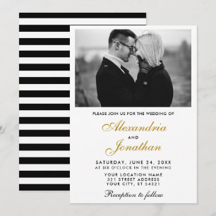 Modern Elegant Photo Striped Wedding Gold BW Invitation