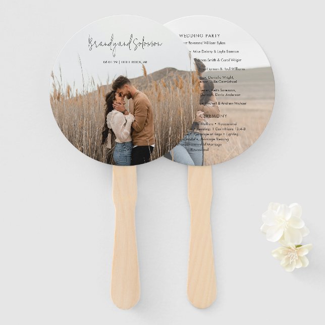 Modern Elegant Photo Wedding Program Hand Fan (Front and Back)