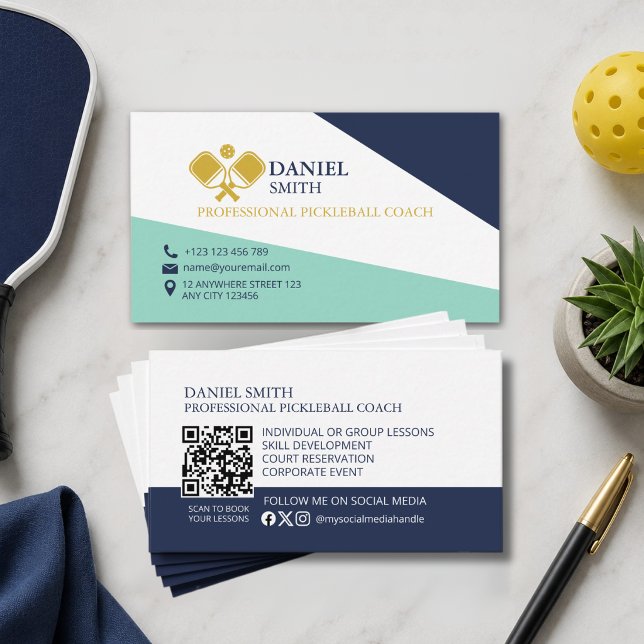 Modern Elegant Pickleball Coach Instructor QR Code Business Card (Creator Uploaded)
