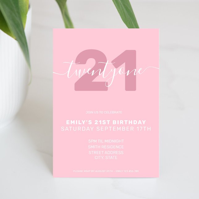 Modern Elegant Pink 21st Birthday Invitation (Creator Uploaded)