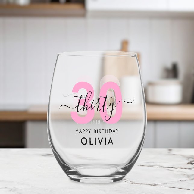 Modern Elegant Pink 30th Birthday Stemless Wine Glass (Creator Uploaded)