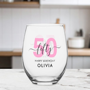 Modern Elegant Pink 50th Birthday Stemless Wine Glass