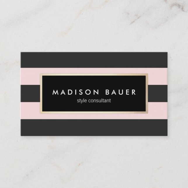Modern Elegant Pink and Black Striped Beauty Salon Business Card (Front)