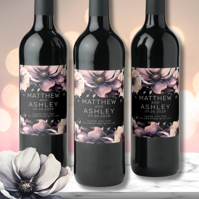 Modern Elegant Pink Black Floral Wedding Wine Label (Unique Modern Elegant Floral Pink Black Wedding Wine Label)