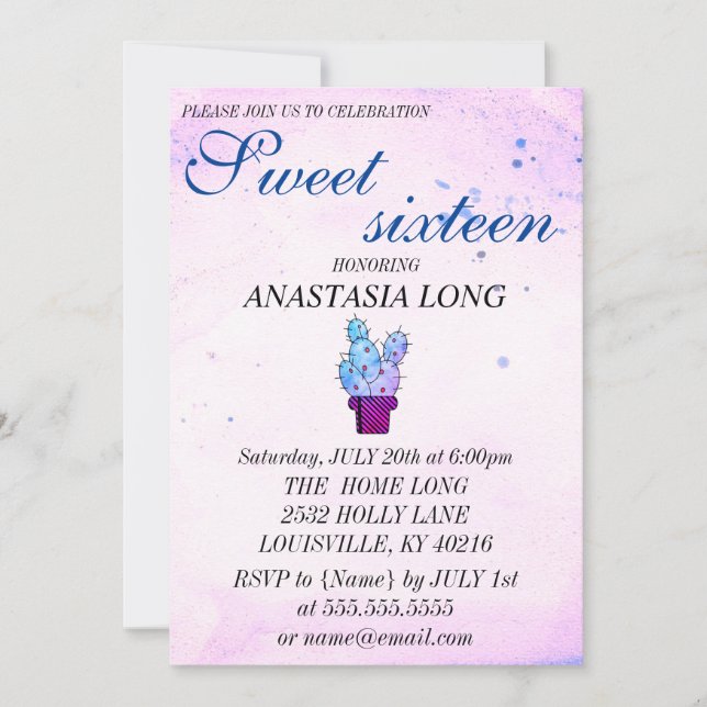 Modern, Elegant Pink Blue Cactus Save The Date (Front)