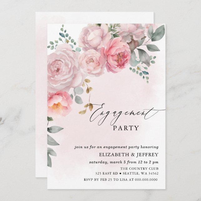 Modern Elegant Pink Blush Floral Engagement Party Invitation (Front/Back)