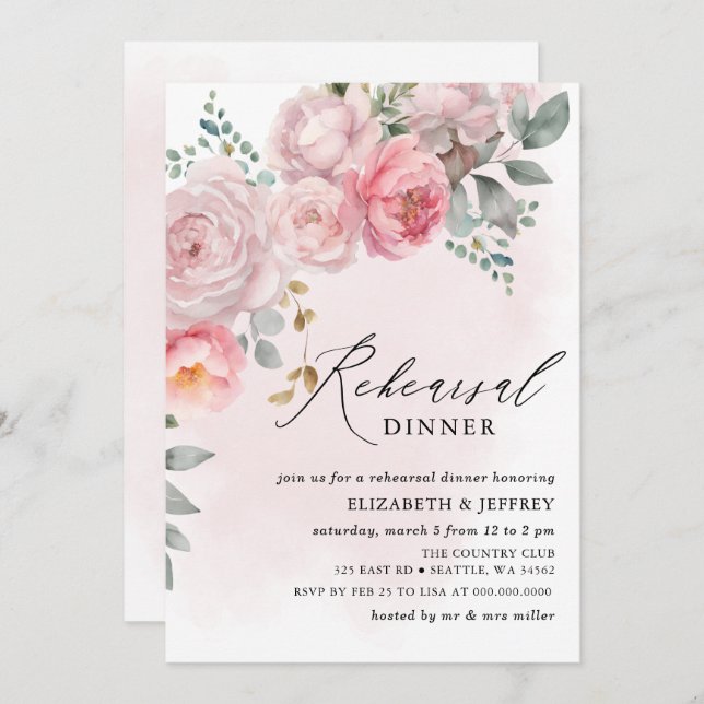 Modern Elegant Pink Blush Floral Rehearsal Dinner  Invitation (Front/Back)