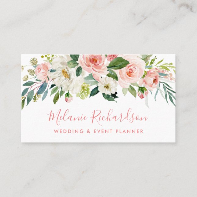 Modern Elegant Pink Blush Greenery Floral Business Card (Front)