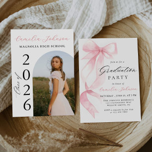 Modern Elegant Pink Bow Arch Photo Graduation Invitation