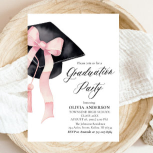Modern Elegant  Pink Bow Graduation Cap Graduation Invitation