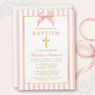 Modern Elegant Pink Bow Striped Baptism Invitation