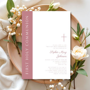 Modern Elegant Pink Cross Girl First Communion Invitation