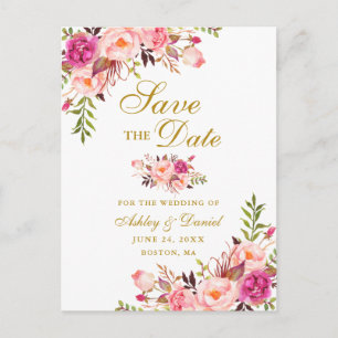 Modern Elegant Pink Floral Gold Save the Date Announcement Postcard