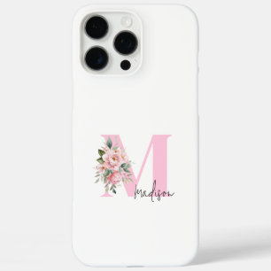 Modern Elegant Pink Floral Initial Name Monogram iPhone 16 Pro Max Case