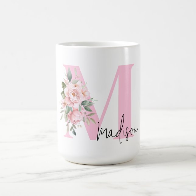 Modern Elegant Pink Floral Initial Name Monogram Coffee Mug (Center)