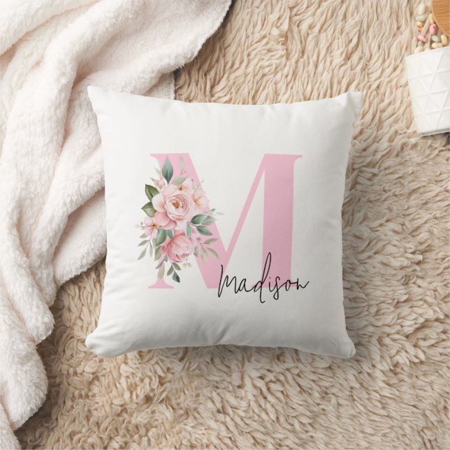 Modern Elegant Pink Floral Initial Name Monogram Cushion (Blanket)