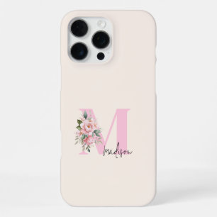 Modern Elegant Pink Floral Initial Name Monogram iPhone 16 Pro Max Case