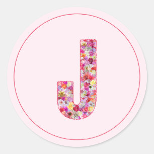 Modern Elegant Pink Floral Monogram Letter J Classic Round Sticker