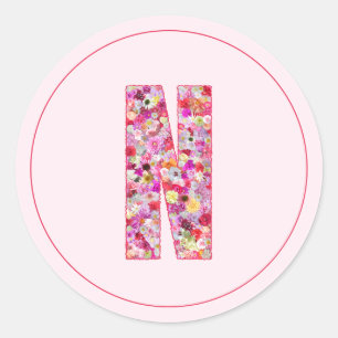 Modern Elegant Pink Floral Monogram Letter N Classic Round Sticker