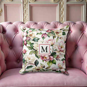 modern elegant pink flowers Monogrammed feminine Cushion