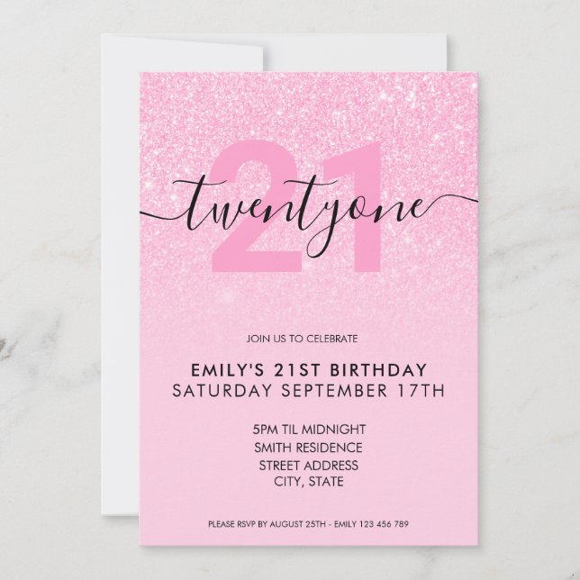 Modern Elegant Pink Glitter 21st Birthday Invitation (Front)