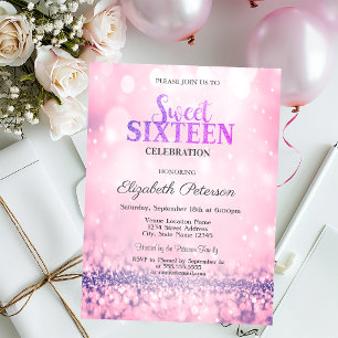 Modern Elegant Pink Glitter Bokeh Sweet 16 Invitation