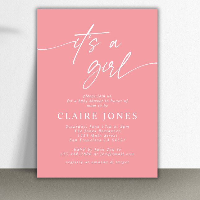 Modern Elegant Pink Its a Girl Script Baby Shower  Invitation (Creator Uploaded)