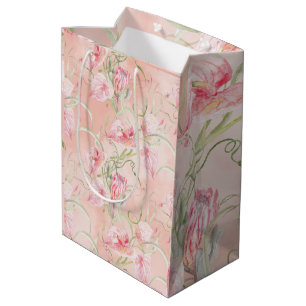 Modern Elegant Pink Peace Lilies On Peach Silk Medium Gift Bag