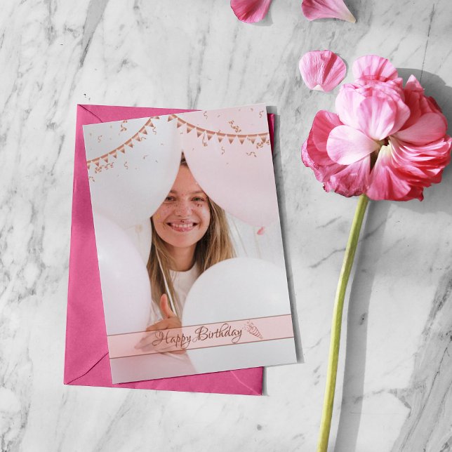 Modern Elegant Pink photo Birthday Card (Creator Uploaded)