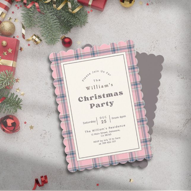 Modern Elegant Pink Plaid Christmas Party Invitation (Modern Elegant Pink Plaid Christmas Party Invitation)