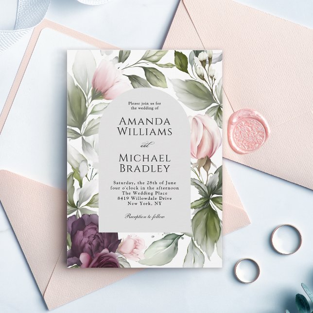 Modern Elegant Pink Plum Floral Wedding Invitation (Available in both printed and instant download digital formats.)
