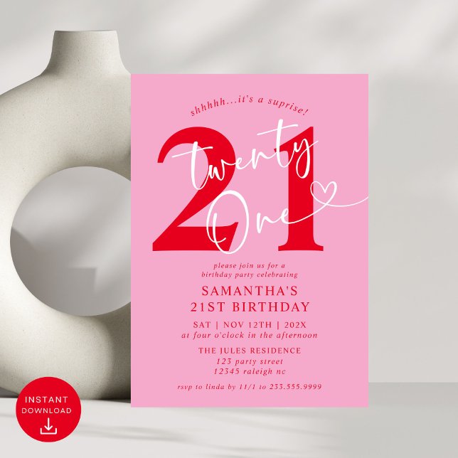 Modern Elegant Pink Red 21st Birthday Party Invitation (Creator Uploaded)