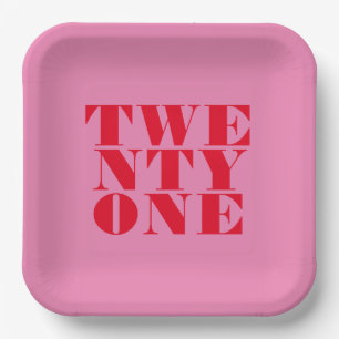 Modern Elegant Pink Red Bold 21st Birthday Paper Plate
