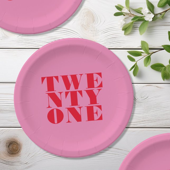 Modern Elegant Pink Red Bold 21st Birthday Paper Plate (Creator Uploaded)