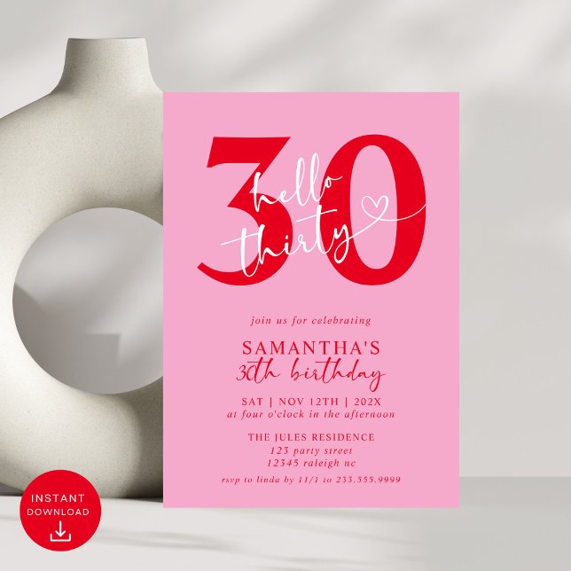 Modern Elegant Pink Red Hello 30th Birthday Party Invitation (Creator Uploaded)